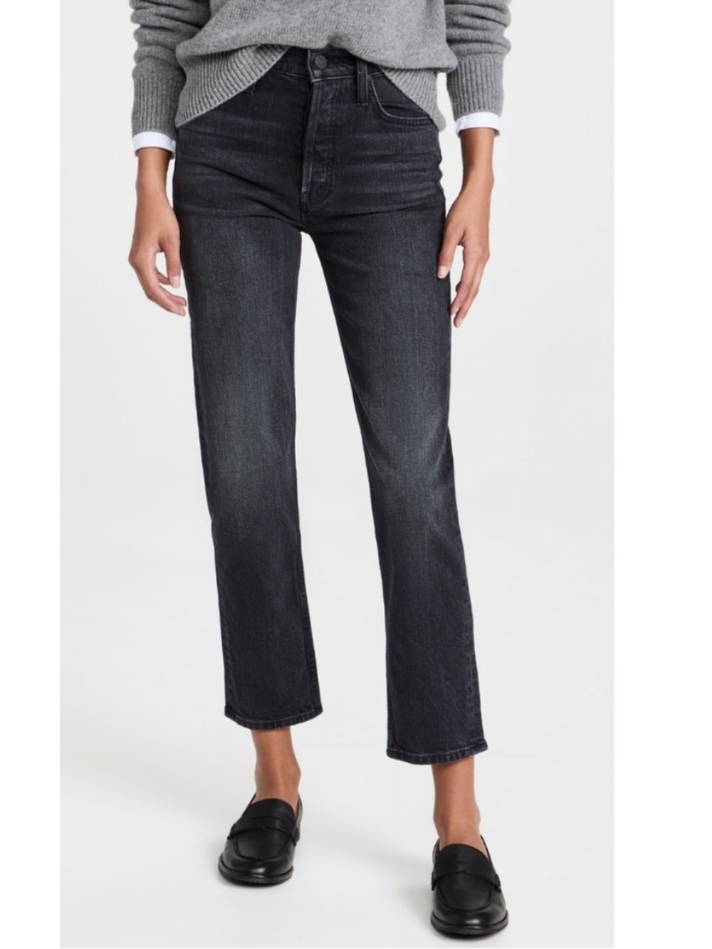 MOTHER High-Rise Straight Ankle Jeans - Black Wash